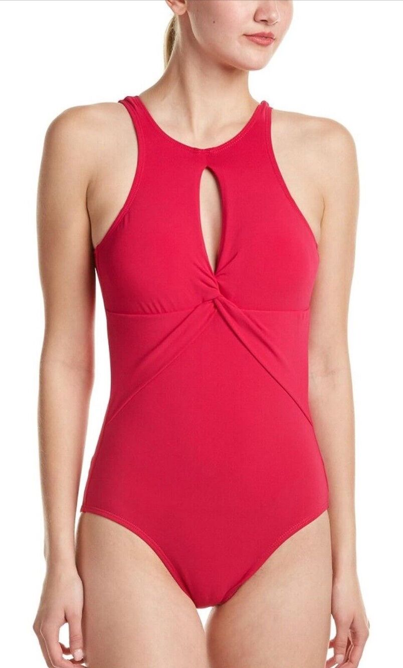 ROBIN PICCONE 8 AVA Keyhole High Neck Navy One Piece Swimsuit $146